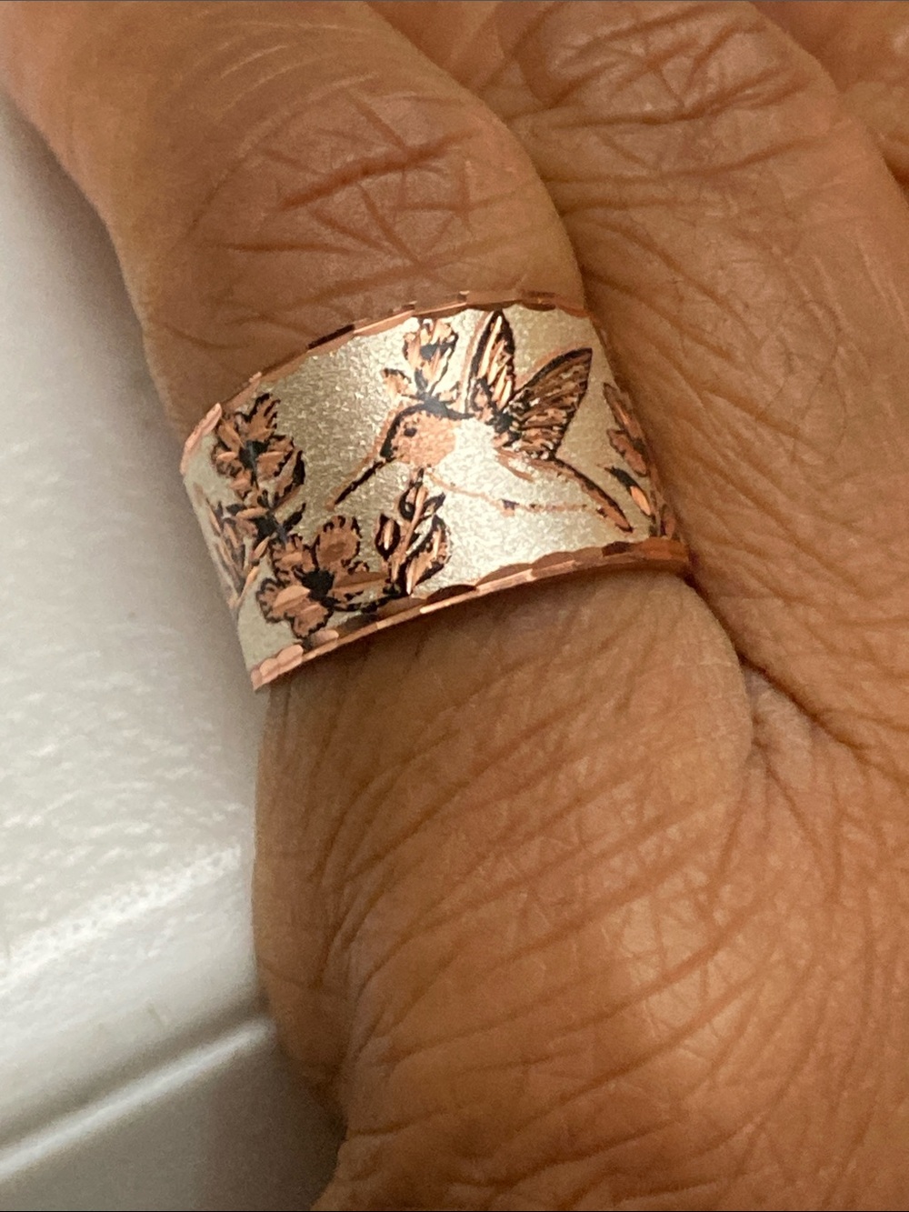 Handcrafted Hummingbird Engraved Two-Tone Copper Ring - Rose & Silver